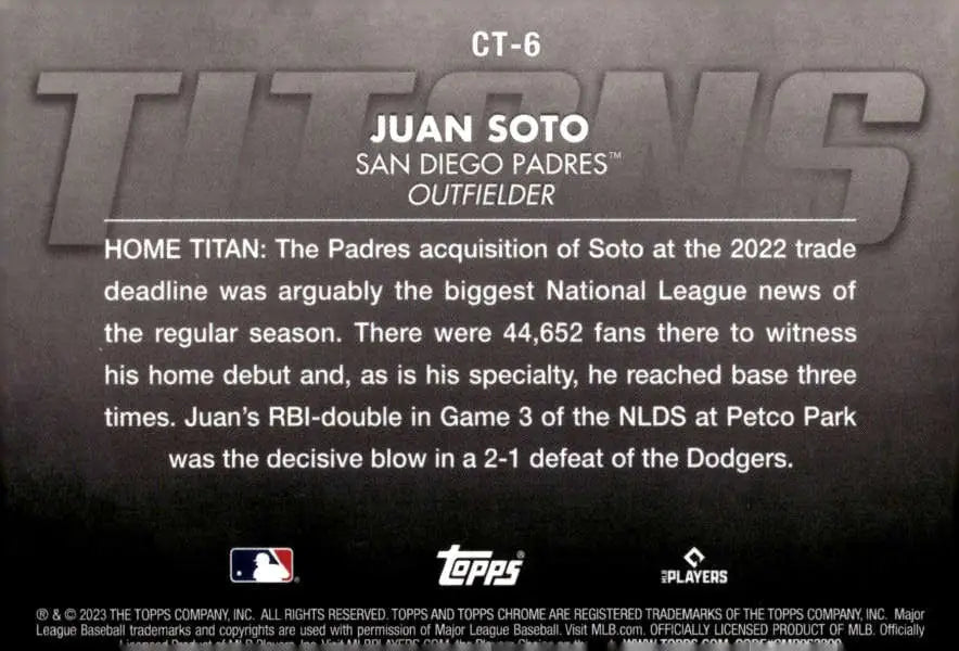 San Diego Padres Juan Soto trading card highlighting statistics and achievements