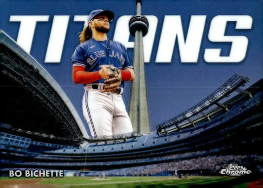 A Toronto Blue Jays player in uniform on the field for the baseball card display