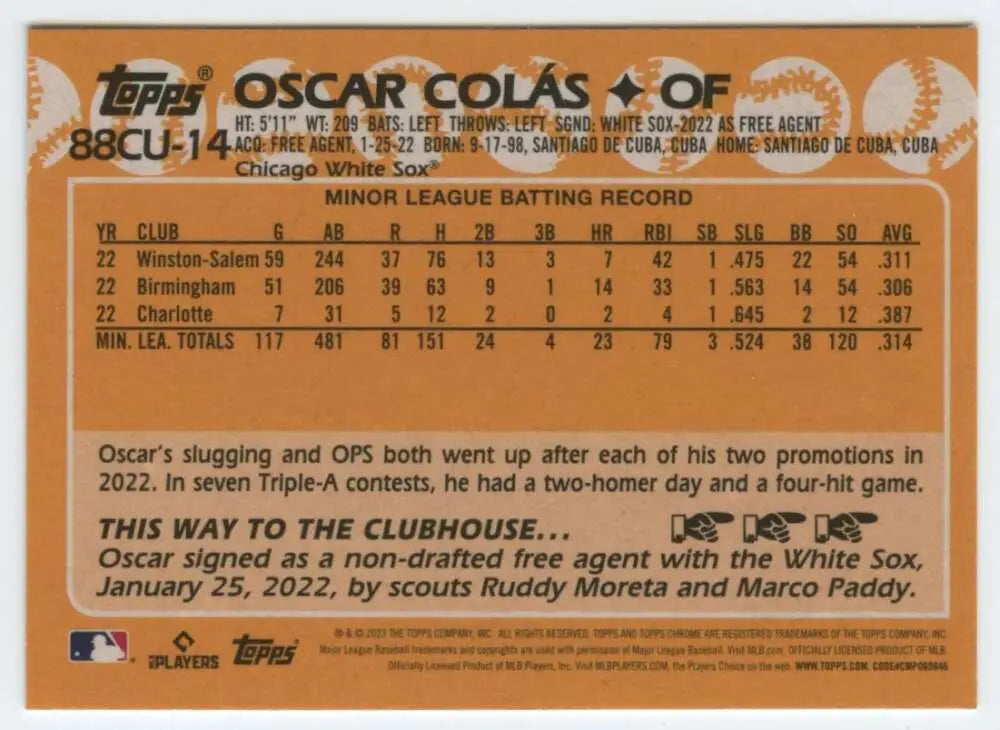 Baseball card of Oscar Colas featuring minor league stats for Chicago White Sox