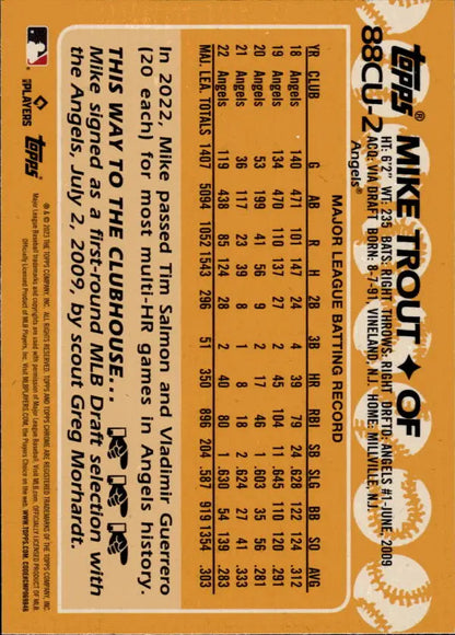 Mike Trout Topps Chrome Update 1988 Baseball Card with player stats in orange-brown design