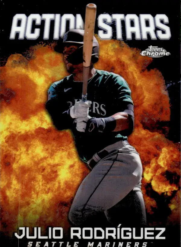 Julio Rodriguez Seattle Mariners Baseball Card with dramatic fire effects background