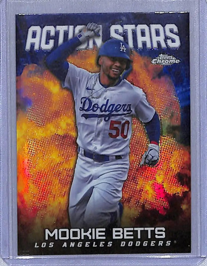 Baseball card of Mookie Betts in white uniform for Los Angeles Dodgers