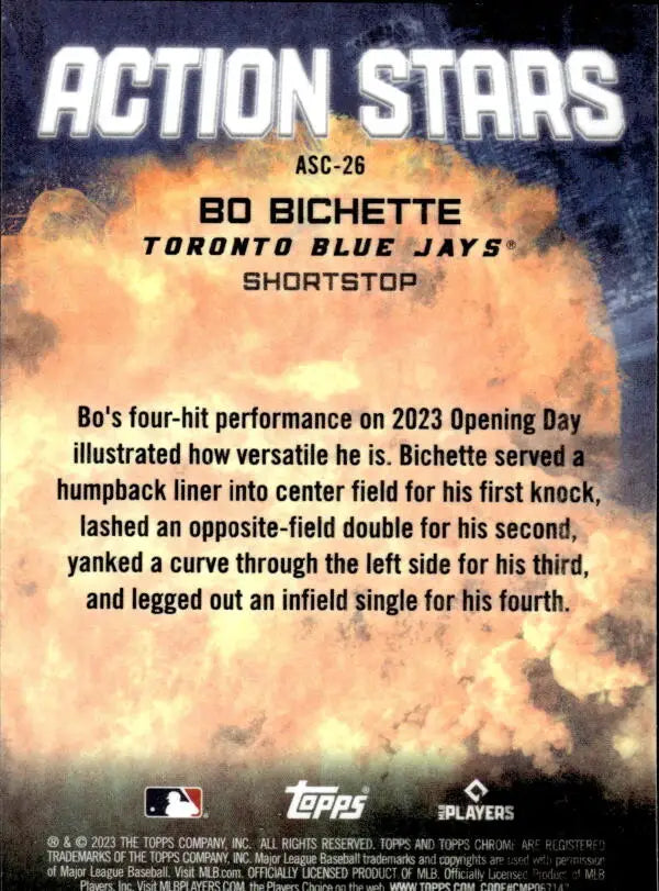 Baseball card of Toronto Blue Jays shortstop Bo Bichette from Action Stars series