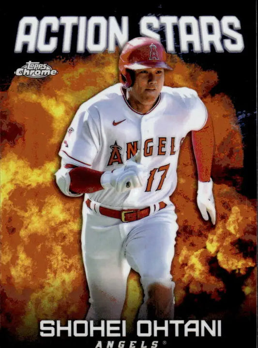 Shohei Ohtani running in Angels uniform on 2023 Topps Chrome Update Action Stars card