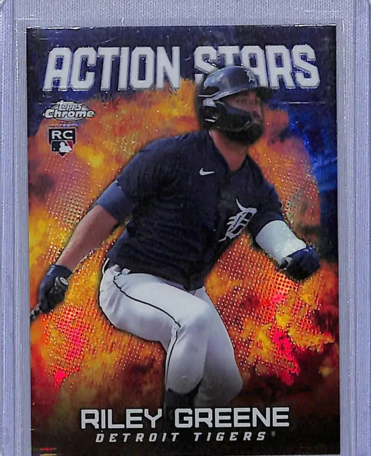 Riley Greene in black uniform on 2023 Topps Chrome Update Action Stars Refractor card