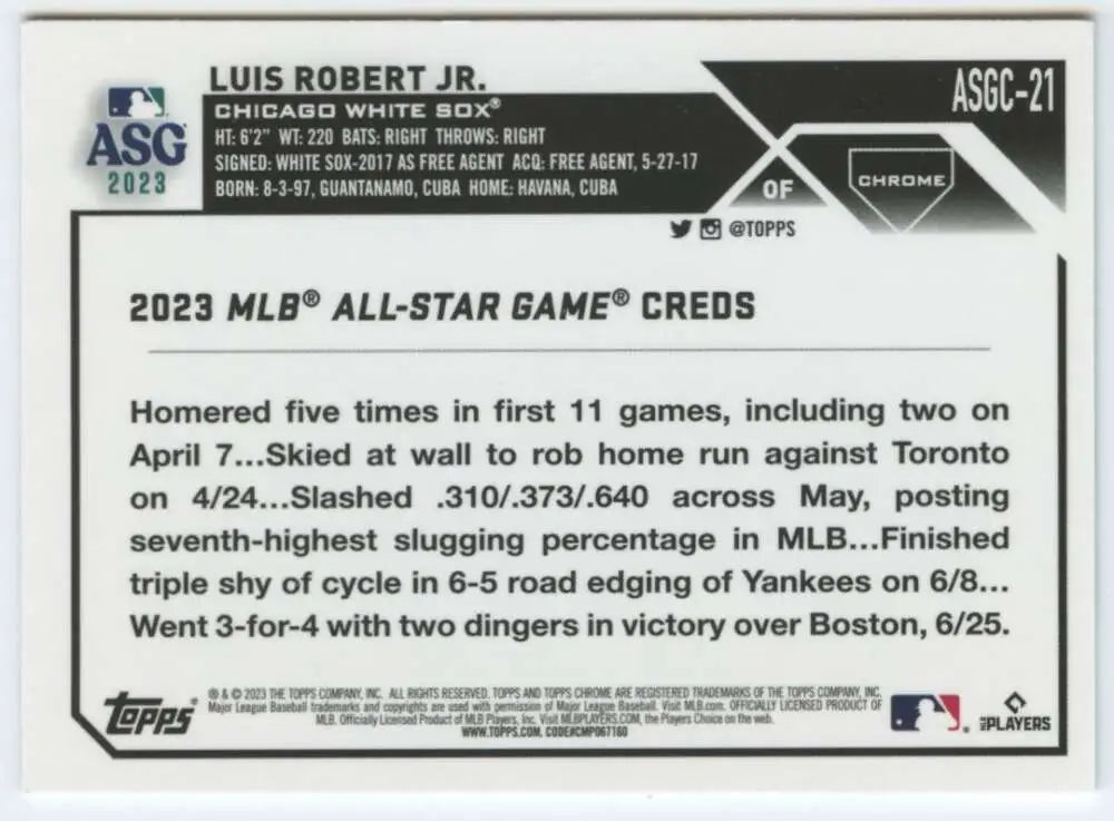 2023 Topps Chrome Update Luis Robert Jr. Baseball Card showcasing Chicago White Sox stats