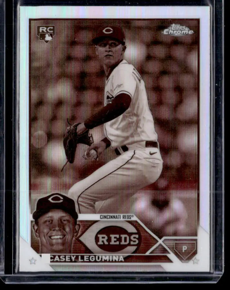 Baseball card of Casey Legumina in white home uniform, Topps Chrome Update Refractor