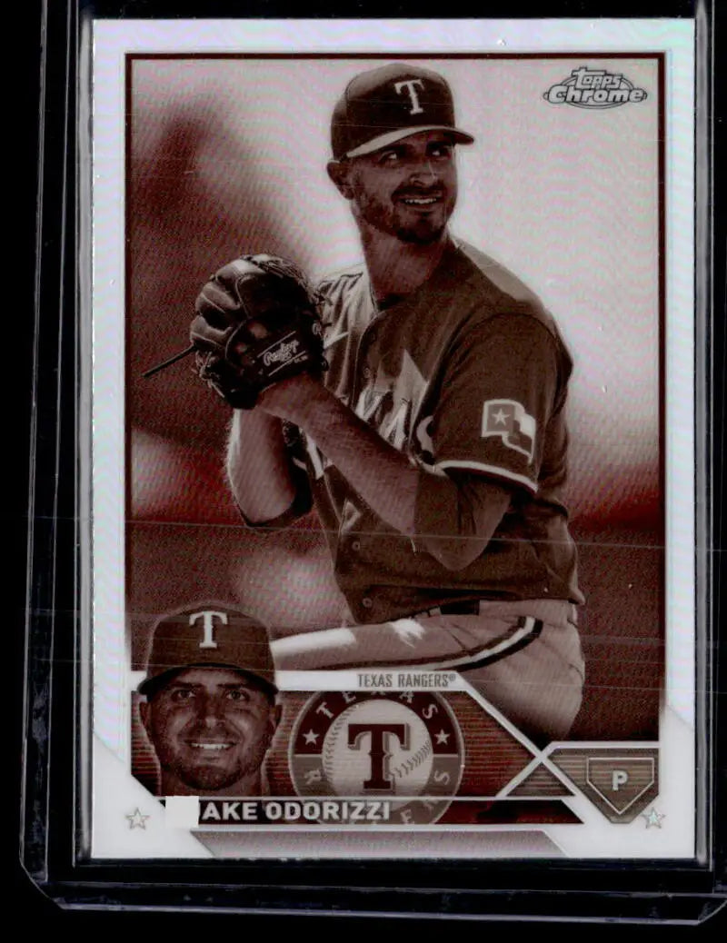 Baseball card of Jake Odorizzi, Texas Rangers pitcher in brown-tinted refractor negative