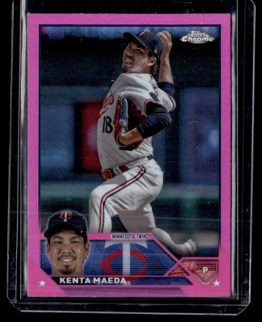 Pink-bordered baseball card of Kenta Maeda pitching for Minnesota Twins in 2023 Topps Chrome