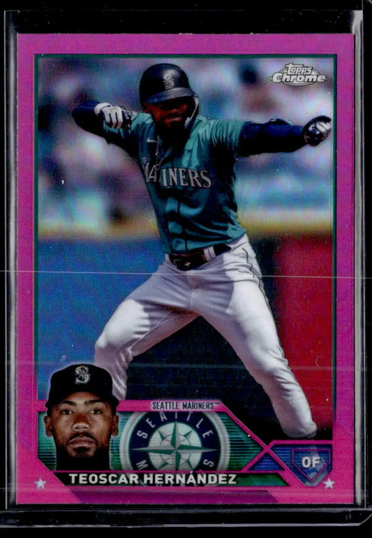 Teoscar Hernandez running in teal jersey on 2023 Topps Chrome Update Seattle Mariners card