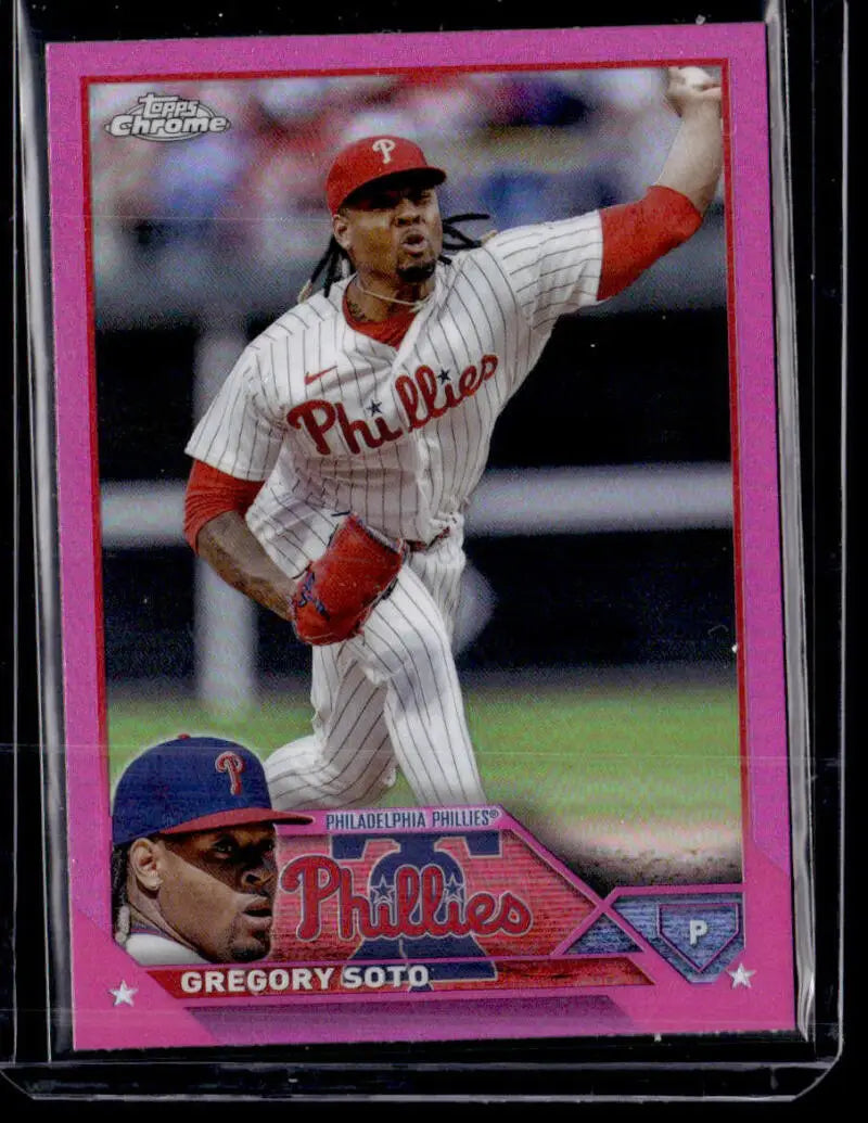 Pink-bordered Gregory Soto baseball card in mid-throw from Topps Chrome Update