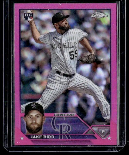 Baseball card of Jake Bird pitching for Colorado Rockies in 2023 Topps Chrome Update