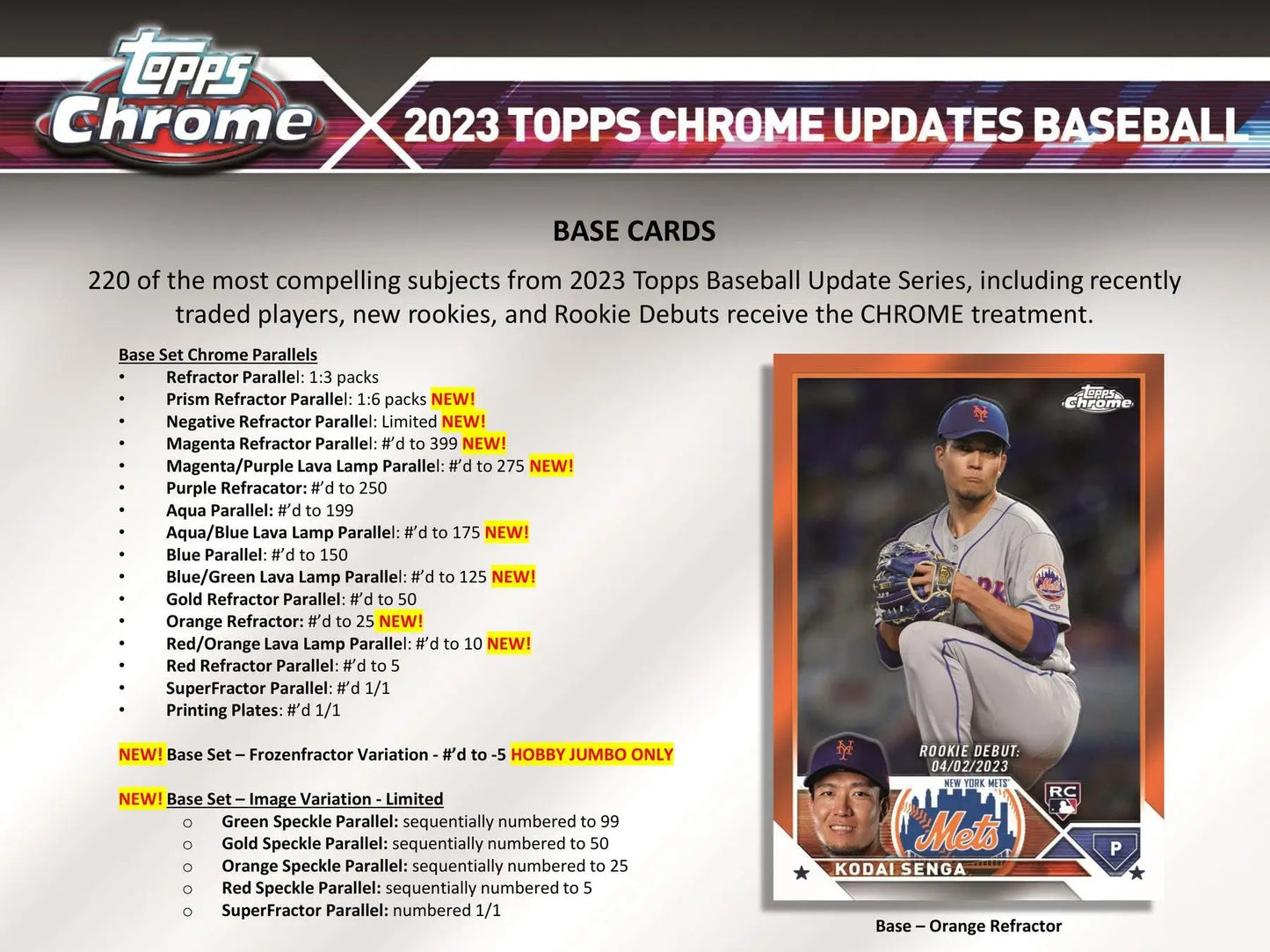 Baseball card information sheet for 2023 Topps Chrome Updates including refractor parallel details