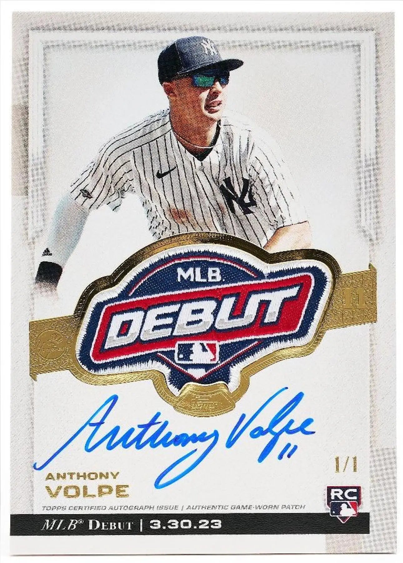 MLB Debut baseball card of New York Yankees player in pinstripes, featuring refractor parallel