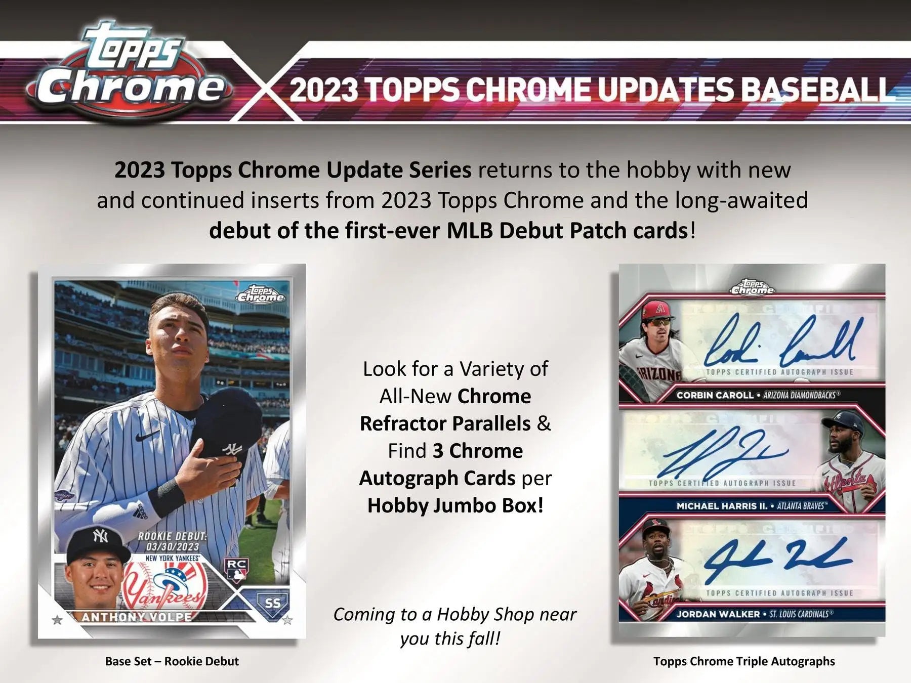 Advertisement for 2023 Topps Chrome Updates Baseball cards with refractor parallels and autographs