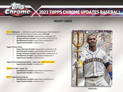 2023 Topps Chrome Update Series Baseball card info sheet with Mariners player and refractor parallel