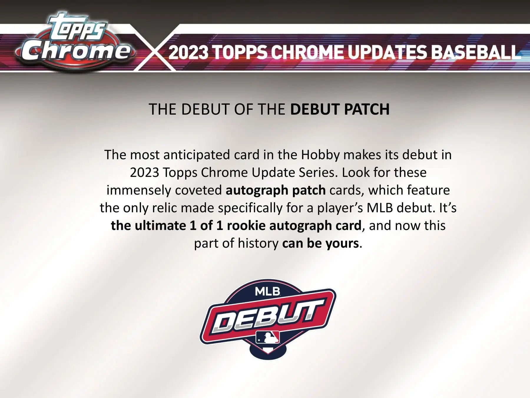 MLB Debut patch marketing announcement for 2023 Topps Chrome Update Series Baseball card