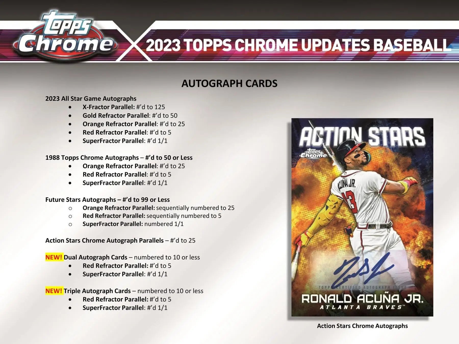 Product information card for 2023 Topps Chrome Update Series with autographed Action Stars card