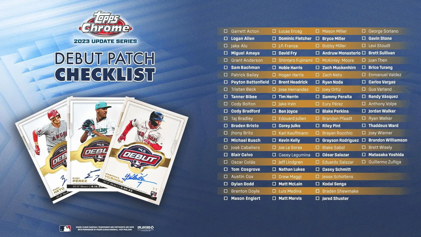 Topps baseball card debut patch checklist with sample cards from 2023 Topps Chrome Update