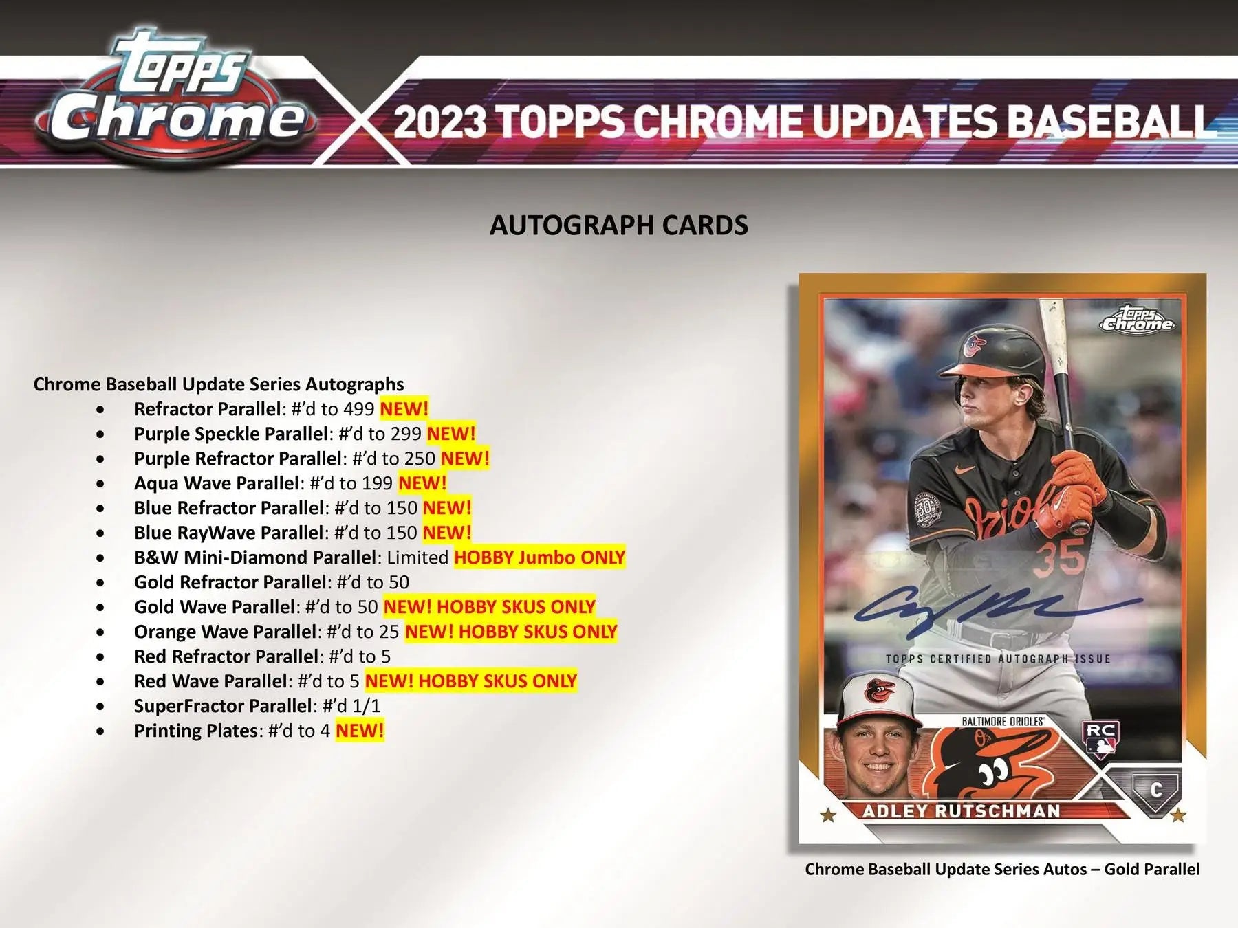 Product information slide for 2023 Topps Chrome Update autograph refractor parallel cards