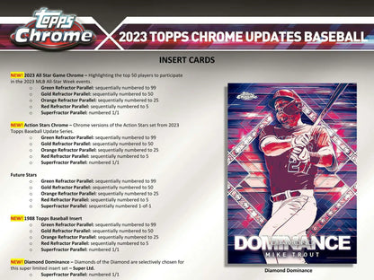 Baseball card product checklist for 2023 Topps Chrome Update with refractor parallel details