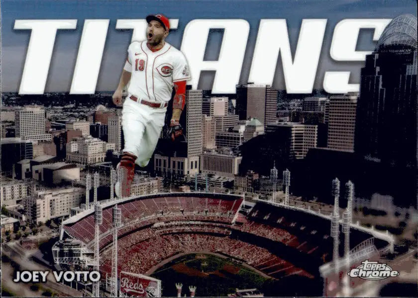 Joey Votto in Cincinnati Reds uniform floating above a stadium on a baseball card