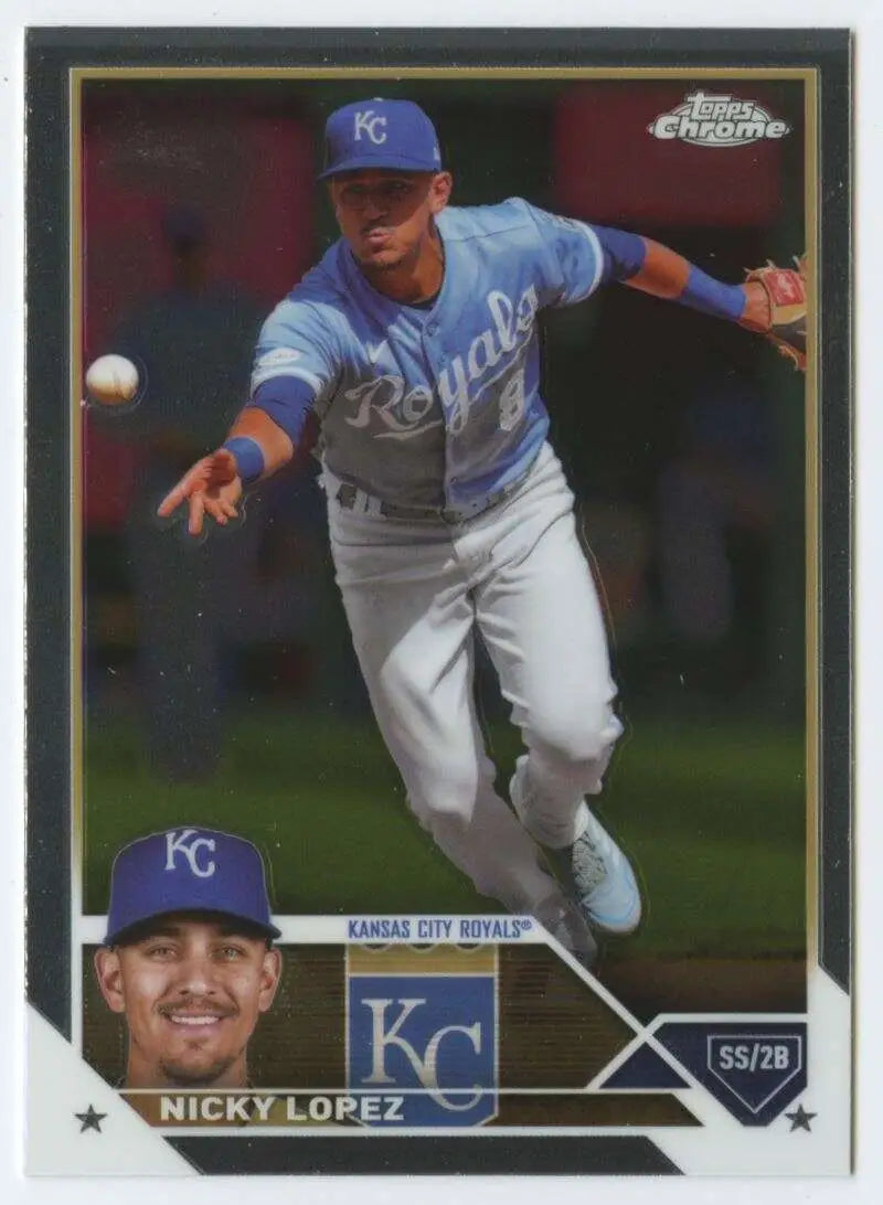 Kansas City Royals baseball card of Nicky Lopez fielding a ball in action