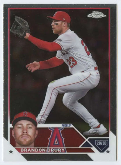 Baseball card of Brandon Drury in fielding pose for Los Angeles Angels