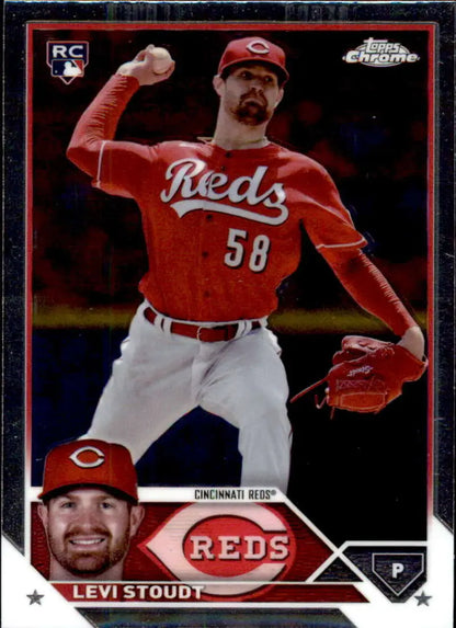 Cincinnati Reds pitcher Levi Stoudt 2023 Topps Chrome Update rookie card with number 58