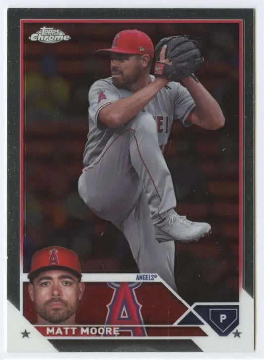 Matt Moore mid-windup in grey uniform on Los Angeles Angels baseball card