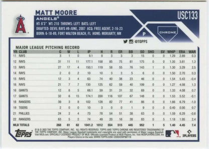 Baseball card featuring Matt Moore pitching stats for Los Angeles Angels 2023 Topps Chrome