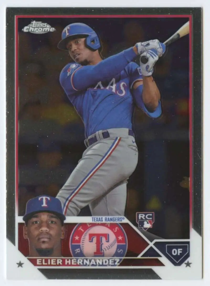 Elier Hernandez at bat in blue Texas Rangers uniform on 2023 Topps Chrome Update card