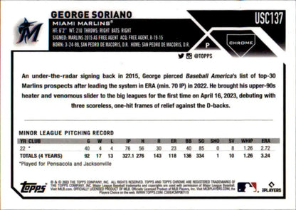 George Soriano Miami Marlins baseball card with stats and biography from 2023 Topps Chrome Update