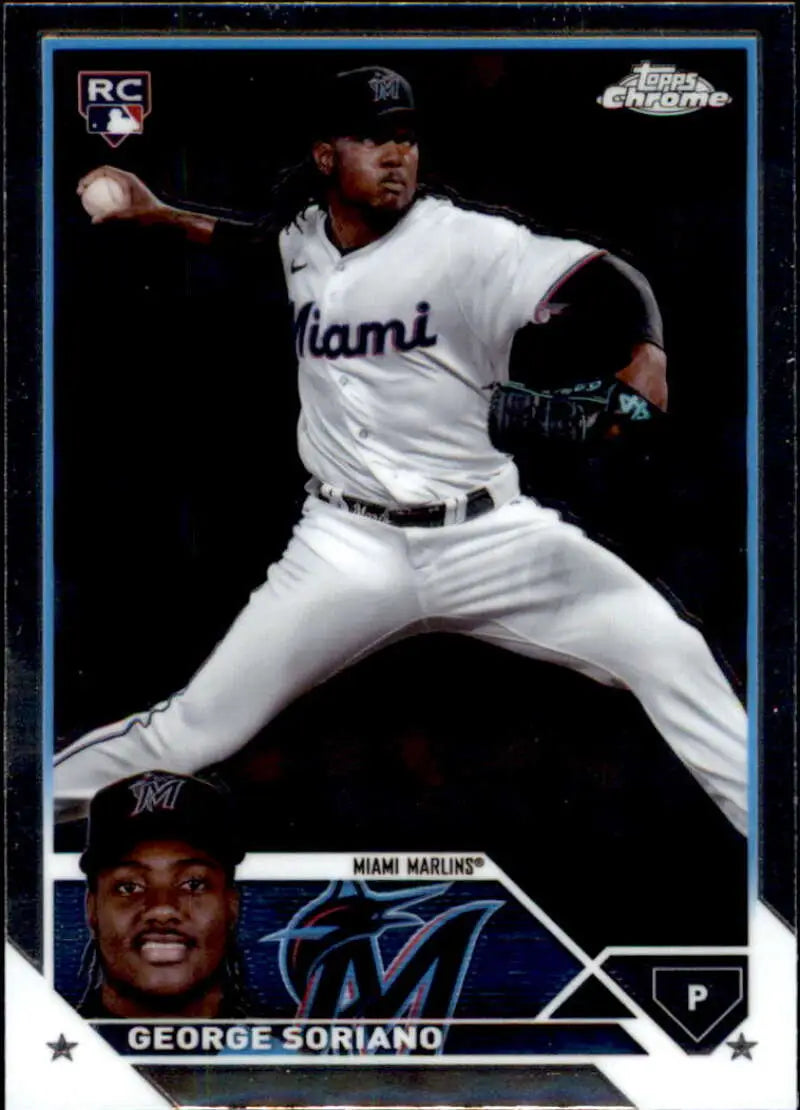 Baseball card of George Soriano, Miami Marlins pitcher in white home uniform