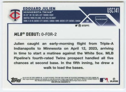 Baseball card displaying Edouard Julien’s MLB debut stats for Minnesota Twins Topps Chrome Update