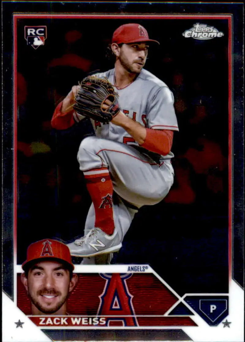 Baseball card of Zack Weiss, Los Angeles Angels pitcher in windup wearing gray uniform