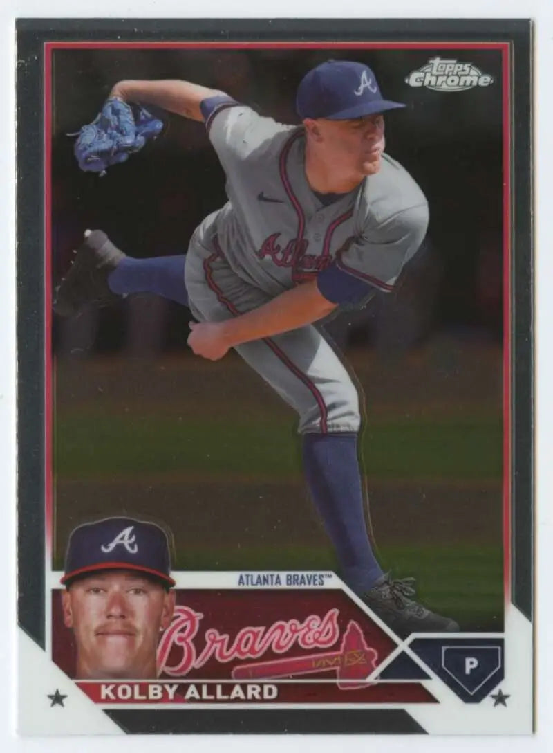 Kolby Allard in mid-throw on 2023 Topps Chrome Update Atlanta Braves Baseball Card