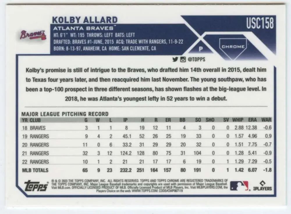 Baseball card featuring Kolby Allard from 2023 Topps Chrome Update stats and info