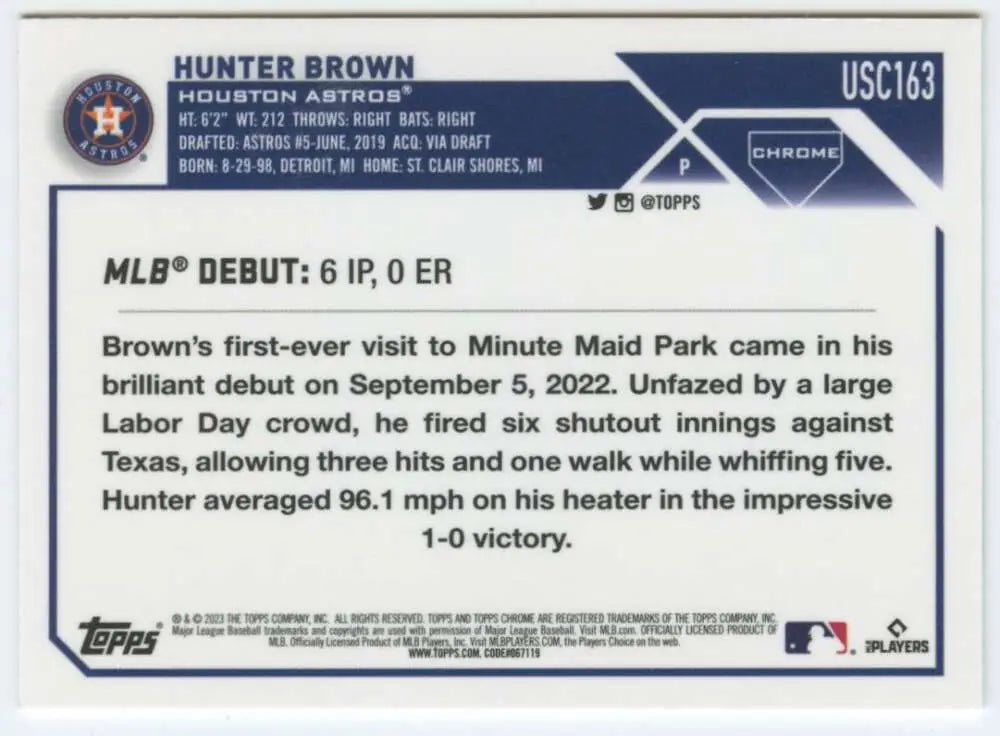 MLB debut stats and game details on 2023 Topps Chrome Update Hunter Brown card