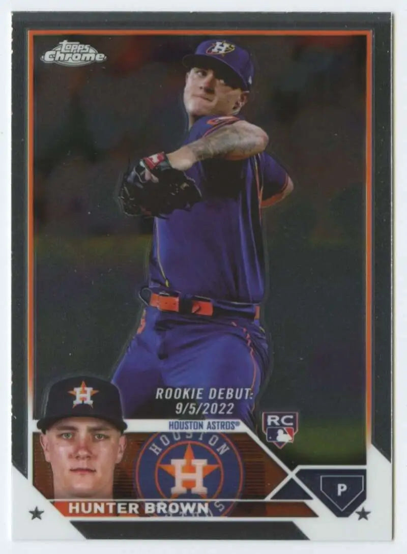 Baseball card of Hunter Brown in blue uniform from Topps Chrome Update for Houston Astros