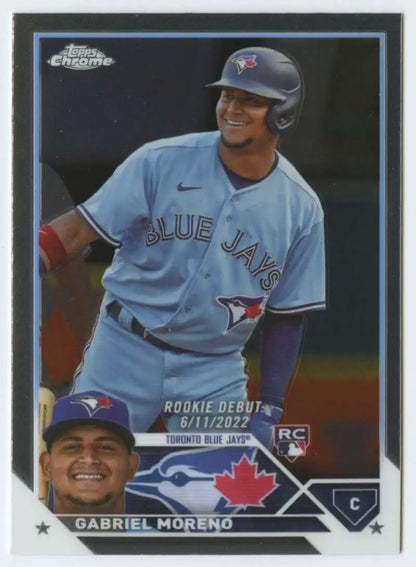 Baseball card of Toronto Blue Jays player Gabriel Moreno in light blue jersey