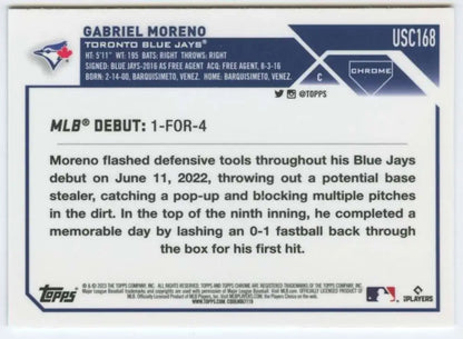 Baseball card featuring Gabriel Moreno’s MLB debut stats with the Toronto Blue Jays