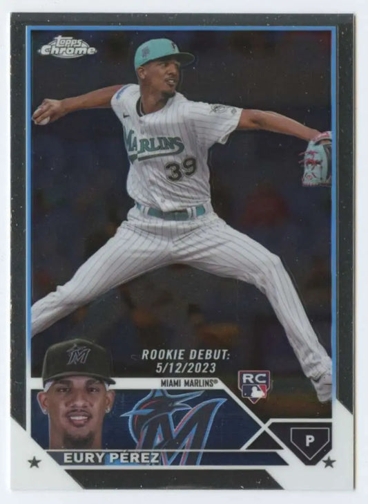 Eury Perez pitching in white pinstriped uniform on Miami Marlins baseball card