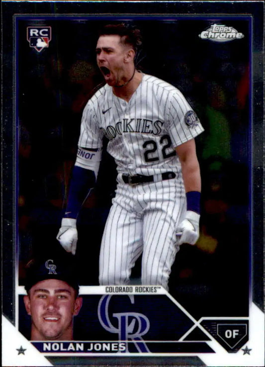 Nolan Jones 2023 Topps Chrome Update baseball card, Colorado Rockies jersey number 22