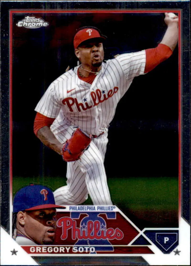 Baseball card of Gregory Soto throwing in white pinstriped Philadelphia Phillies uniform