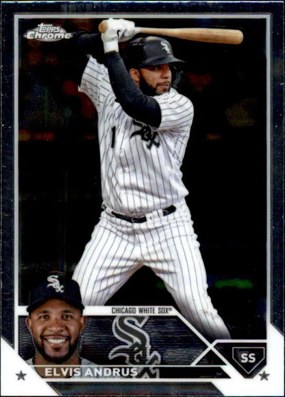 Chicago White Sox baseball card of Elvis Andrus in pinstripe uniform at bat