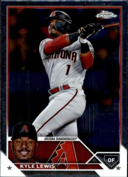 Baseball card of Kyle Lewis, Arizona Diamondbacks outfielder swinging bat in white uniform