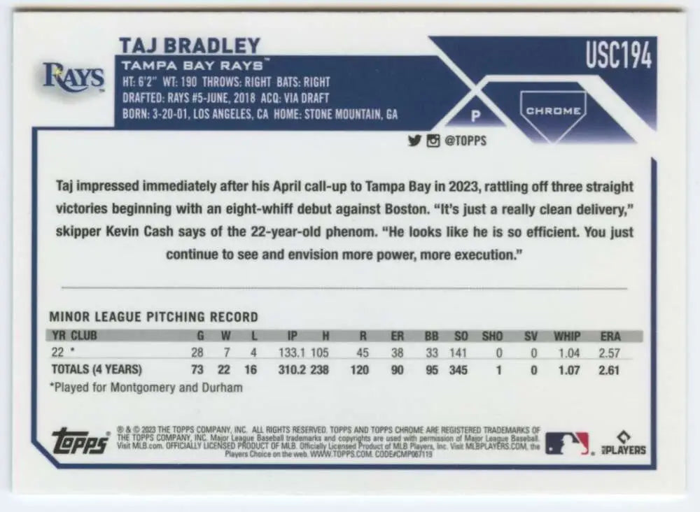 Baseball card featuring Taj Bradley’s minor league stats with Tampa Bay Rays