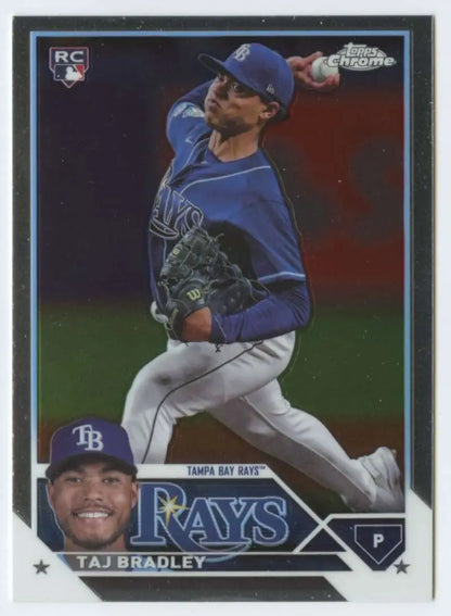 Taj Bradley rookie card in blue uniform featuring Tampa Bay Rays pitcher design