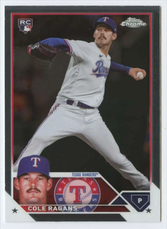 Cole Ragans Texas Rangers baseball card featuring pitcher in throwing motion